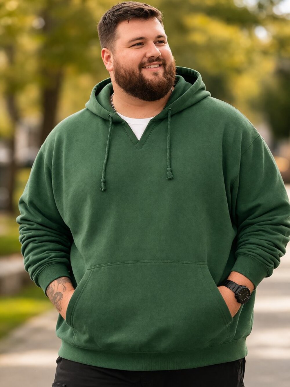 Green Pullover Hoodie 1XL Cotton Blend Kangaroo Pocket Casual Sweatshirt